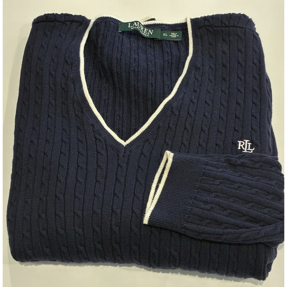 Lauren Ralph Lauren Womens Cable Knit Sweater XL Navy V-Neck Old Money Preppy